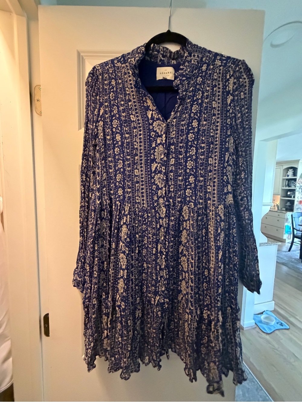 Sezane Blue and Cream Long Sleeve Floral Tiered Dress